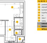 Půdorys 2-pokojového bytu, obsahující kuchyň, pokoj a balkon na Mahulance v Pezinku.