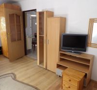 Obývací pokoj v 2-pokojovém bytě s nábytkem a podlahou s dřevěným dekorem.