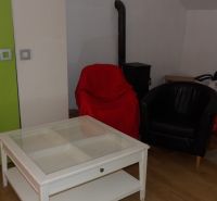 Obývací pokoj v 2pokojovém bytě s křesly a stolkem na podlaze s dřevěným dekorem.