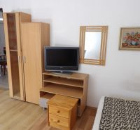 Televizor na nízké skříňce, skříň a zrcadlo v 2-pokojovém bytě s podlahou s dřevěným dekorem.