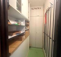 Úložný prostor v 2-pokojovém bytě s poličkami a boxy, zelené podlahy.