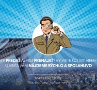 Agent s lupou na modrém pozadí, ulice Pribinova, nabídka 2-pokojového bytu.
