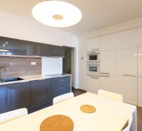 Kuchyně v 1-pokojovém bytě s elegantními skříňkami a světlým jídelním stolem.