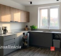 Kuchyně v 1-pokojovém bytě s podlahou s dřevěným dekorem a kuchyňskou linkou.