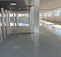 Prostorné obchodní prostory s lesklou podlahou a množstvím přirozeného světla.