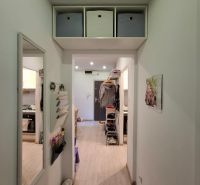 Chodba s podlahou s dřevěným dekorem v 3-pokojovém bytě s úložnými boxy.