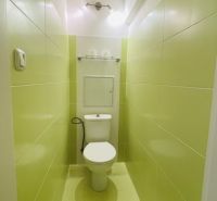 Úzká koupelna se světle zelenými dlaždicemi a toaletou ve 3pokojovém bytě.