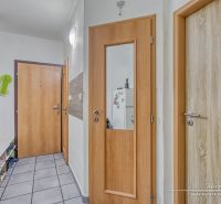 Chodba v 2-pokojovém bytě s dlaždičkovou podlahou a dřevěnými dveřmi.