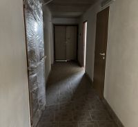 Chodba v rodinném domě, s béžovou dlažbou na podlaze a plastovými dveřmi.