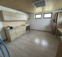 Kuchyně v rodinném domě s dlažbou a linkou s dřevěným dekorem.