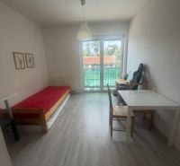 Garsonka s nábytkem, podlaha s dřevěným dekorem, světlý prostor a balkónové dveře.