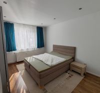 Světlá ložnice v 3pokojovém bytě s podlahou s dřevěným dekorem a modrými závěsy.