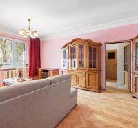 Obývací pokoj s rustikálním nábytkem a podlahou s dřevěným dekorem v 2-pokojovém bytě.