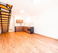 Kuchyně s dřevěným dekorem, schodiště, podlaha s dřevěným dekorem v rekreačním apartmánu.