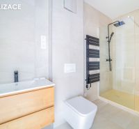 Koupelna v rekreačním apartmánu s tmavým radiátorem a sprchovým koutem.