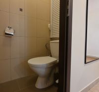 Toaleta v 2-pokojovém bytě s dlažbou a výhledem na předsíň.