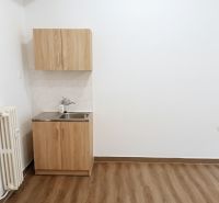 Kanceláře se skříňkou a umyvadlem, podlaha s dřevěným dekorem.