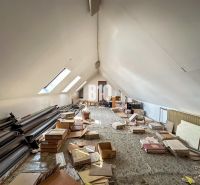 Podkroví s úložným prostorem a šikmými střešními okny v rodinném domě.