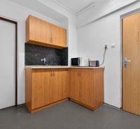 Kancelářská kuchyňka se skříňkami, umyvadlem, mikrovlnkou a toustovačem na podlaze s dřevěným dekorem.