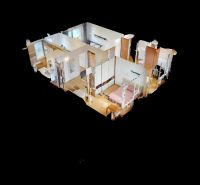 3D model třípokojového bytu s podlahou s dřevěným dekorem.