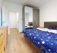 Ložnice s postelí, vestavěnou skříní a podlahou s dřevěným dekorem v 2-pokojovém bytě.