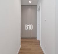 Chodba s vestavěnou skříní a podlahou s dřevěným dekorem ve 4pokojovém bytě.