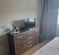 Interiér 3-pokojového bytu s komodou a televizorem, podlaha s dřevěným dekorem.