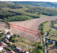 Záběr na zemědělské a lesní pozemky v Podhájské, obklopené domy a silnicemi.