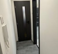 Chodba v 2-pokojovém bytě s tmavými dveřmi a nástěnným interkomem.
