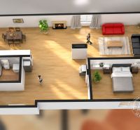 3D půdorys zobrazuje rozložení 2-pokojového bytu s podlahou s dřevěným dekorem.