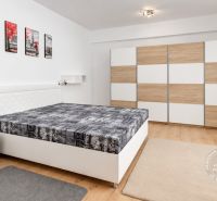Ložnice s postelí, šatní skříní a podlahou s dřevěným dekorem v 2pokojovém bytě.