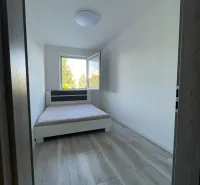 Ložnice s postelí a podlahou s dřevěným dekorem v 2pokojovém bytě.