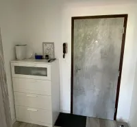 Vstupní chodba s podlahou s dřevěným dekorem, botník a dveře v 2-pokojovém bytě.