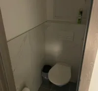 Toaleta s dlaždičkami a osvěžovačem vzduchu v 2-pokojovém bytě.