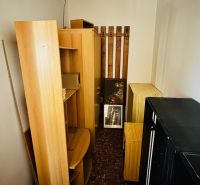 Úložná místnost s dřevěným dekorem, policemi a skříňkami v 3-pokojovém bytě.