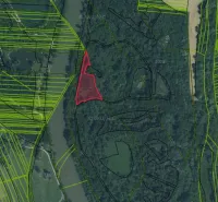 Mapa zemědělských a lesních pozemků v blízkosti lesa u Seredi.