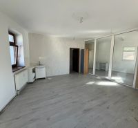 Kancelářské prostory s podlahou s dřevěným dekorem, prosklené příčky a bílé stěny.