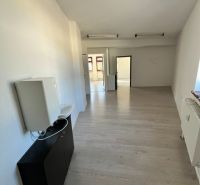 Interiér kanceláře s podlahou s dřevěným dekorem a světlými stěnami.