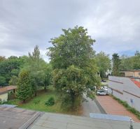 Výhled z 3pokojového bytu v Popradu na zeleň a parkovací místa před budovami.