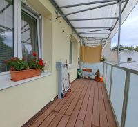 Balkon 3pokojového bytu s podlahou s dřevěným dekorem, květináčem a sušákem na prádlo.