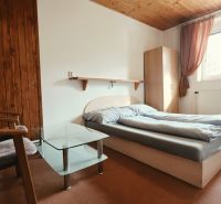 Ložnice rekreačního apartmánu s manželskou postelí, křesly a oknem, podlaha s dřevěným dekorem.