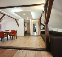Rekreační apartmán s podlahou s dřevěným dekorem, dřevěnými trámy a pohodlným nábytkem.