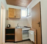 Kuchyňský kout v Rekreačním apartmánu s dřevěnými skříňkami, dřezem a mini ledničkou.