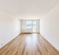 Prostorný obývací pokoj se vstupem na balkon a podlahou s dřevěným dekorem v 2pokojovém bytě.