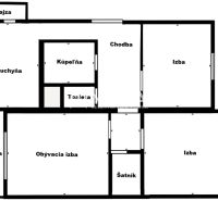 Půdorys 3-pokojového bytu s kuchyní, koupelnou, spíží, obývacím pokojem a lodžií.