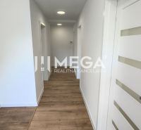 Chodba ve 4-pokojovém bytě s bílými stěnami a podlahou s dřevěným dekorem.