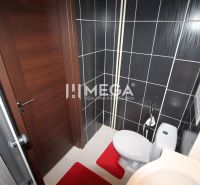 Koupelna v rekreačním apartmánu se sprchovým koutem, toaletou a černými obklady.