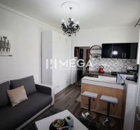 Kuchyně rekreačního apartmánu s pultem, podlahou s dřevěným dekorem a šedou sedačkou.