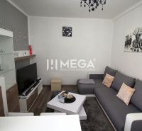Obývací pokoj rekreačního apartmánu s šedou sedačkou, TV a podlahou s dřevěným dekorem.
