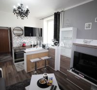 Kuchyně v rekreačním apartmánu se sedací soupravou a podlahou s dřevěným dekorem.